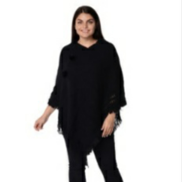 LUX Black V-Shape Fringe Poncho With Pom Poms - Picture 2 of 4